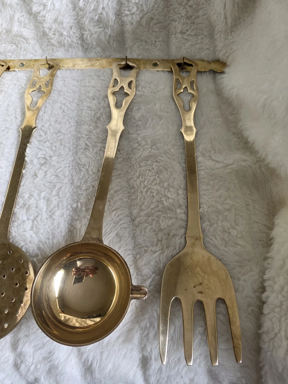 Vintage Brass Tone Kitchen Utensil Set with Wall Rack - Gold Finish